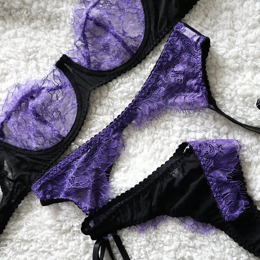 Amethyst Noir Satin & Lace Set